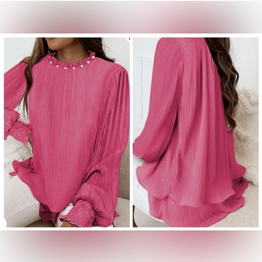 Luna Boutique Pink Pearl Double Layer Ruffle Hem Crinkled Chiffon Blouse Sz 2X